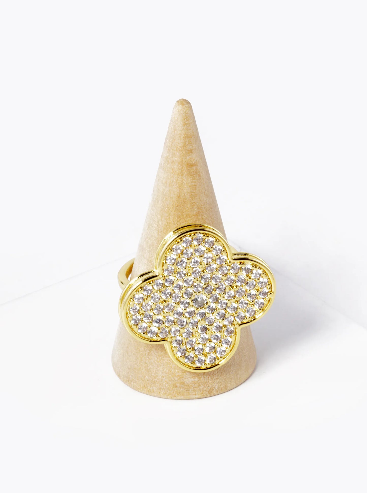 18k Gold Dipped CZ Pave 25mm Quatrefoil Adjustable Ring