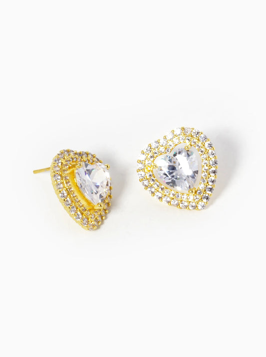 18k Gold Dipped CZ Pave 3-Prong Heart Stone Stud Earrings