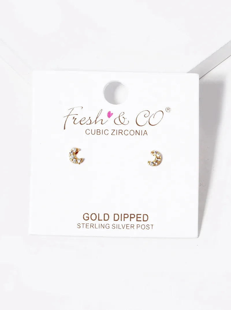 18k Gold Dipped CZ Pave 4mm Dainty Moon Stud Earrings