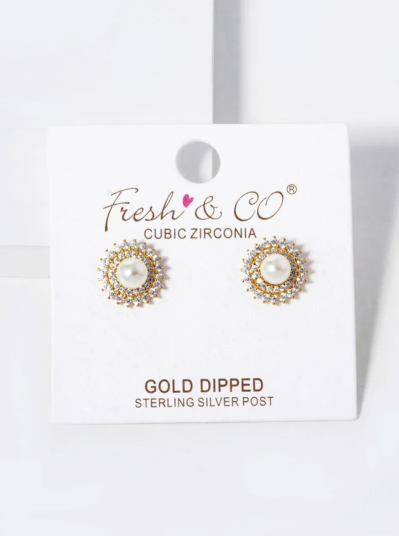 18k Gold Dipped CZ Pave 5mm Pearl Stud Earrings
