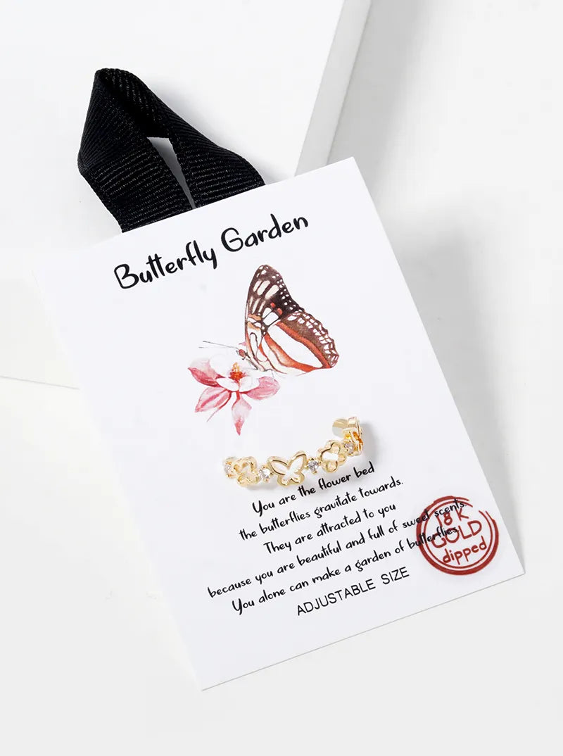 18k Gold Dipped CZ Pave Butterflies Adjustable Ring