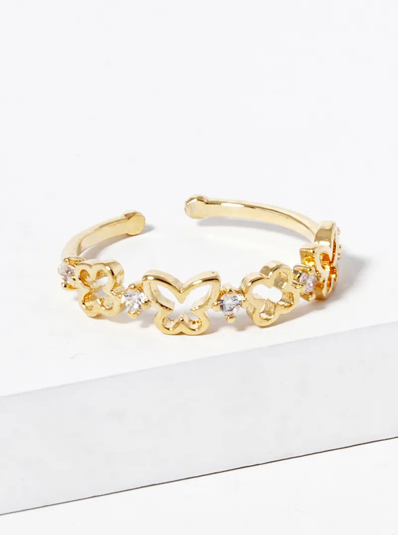 18k Gold Dipped CZ Pave Butterflies Adjustable Ring