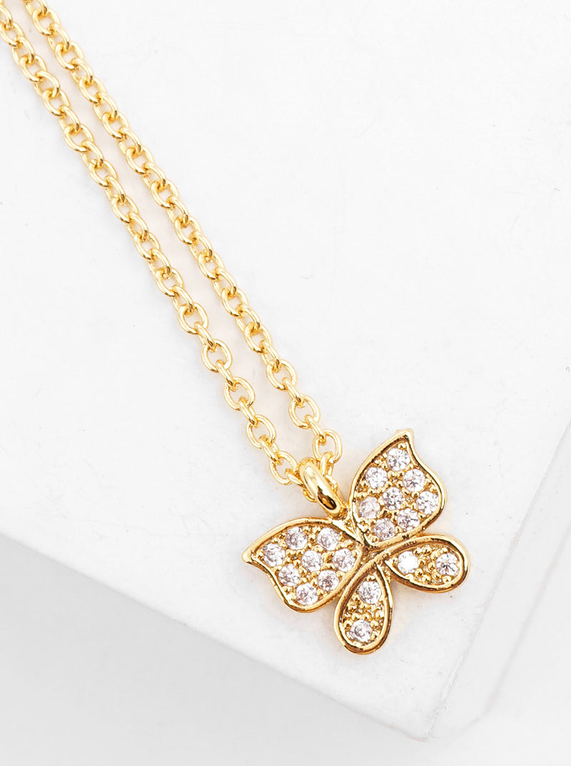 18k Gold Dipped CZ Pave Butterfly Pendant Necklace