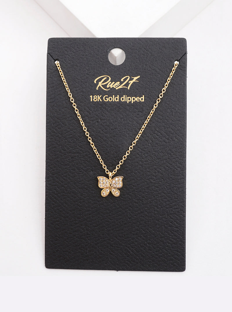 18k Gold Dipped CZ Pave Butterfly Pendant Necklace