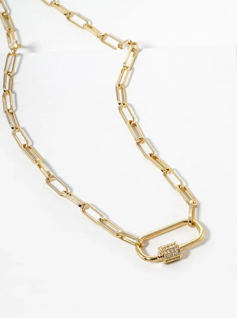 18k Gold Dipped CZ Pave Carabiner Pendant Chain Necklace