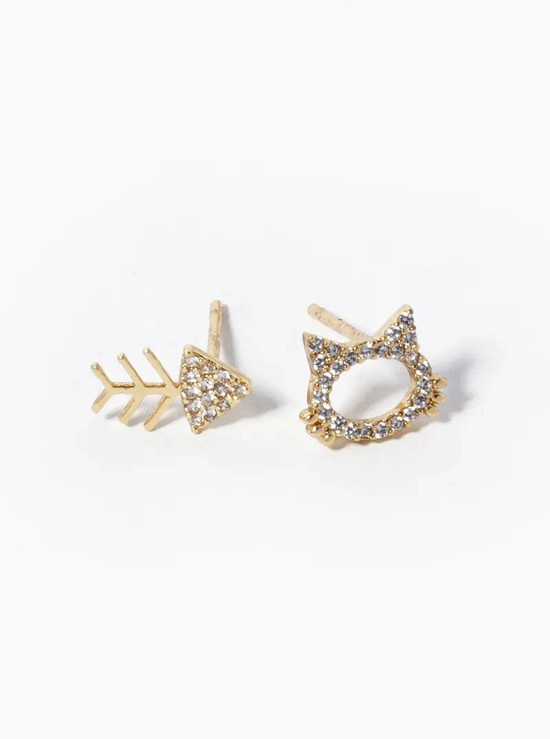 18k Gold Dipped CZ Pave Cat And Fishbone Stud Earrings