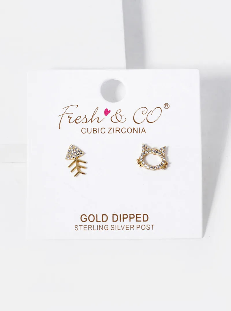 18k Gold Dipped CZ Pave Cat And Fishbone Stud Earrings
