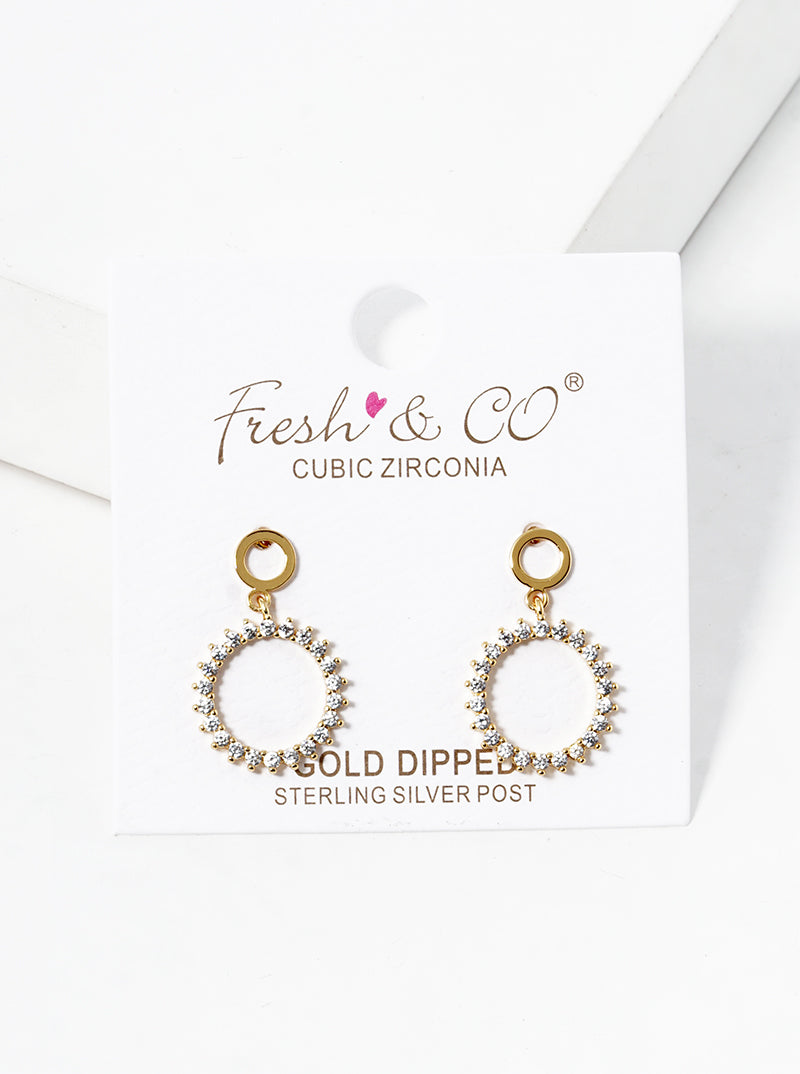 18k Gold Dipped CZ Pave Circle Drop Post Earrings