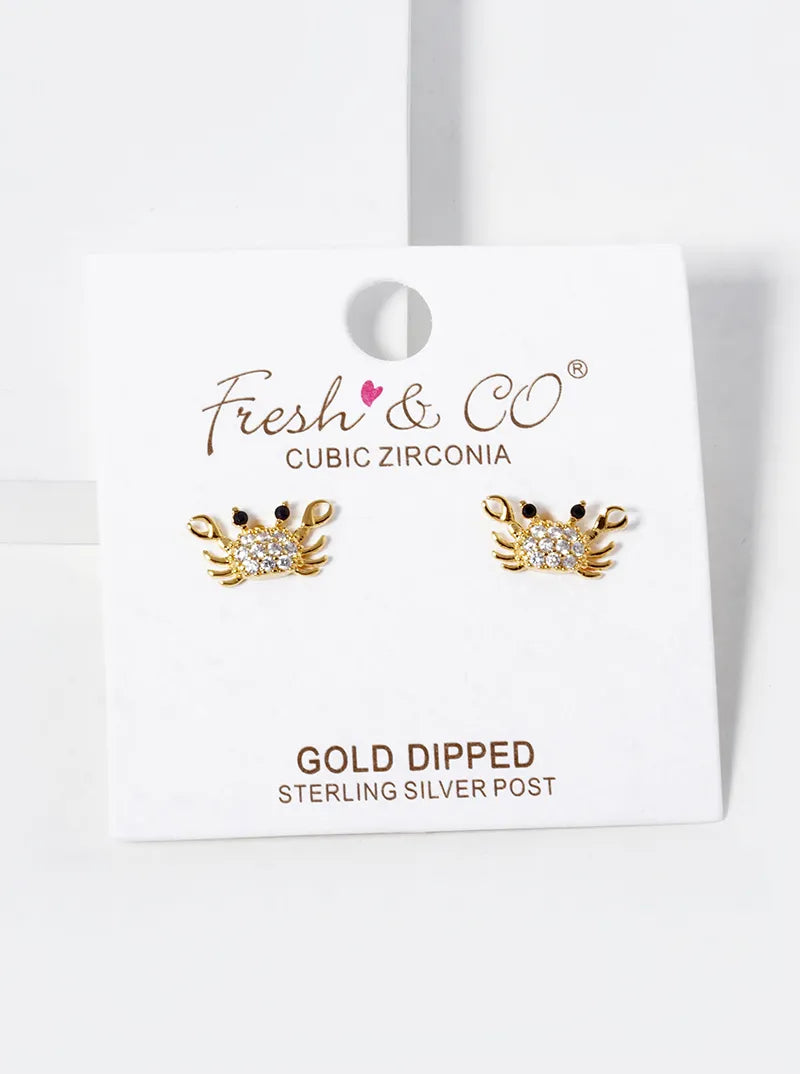 18k Gold Dipped CZ Pave Crab Stud Earrings