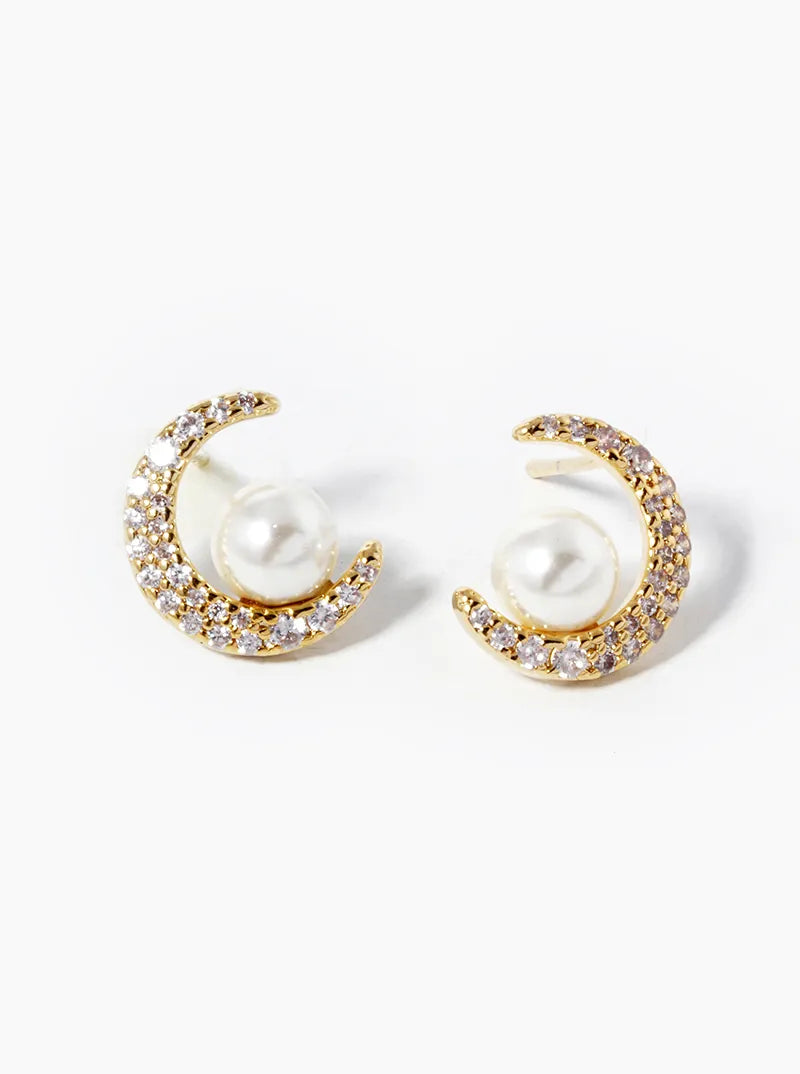 White Gold Dipped CZ Pave Crescent Moon With Pearl Stud Earrings