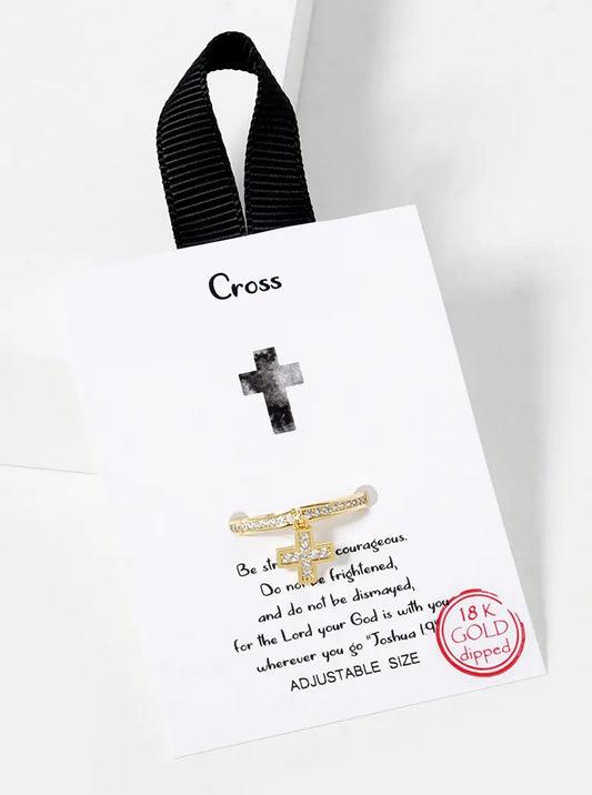 18k Gold Dipped CZ Pave Cross Drop Adjustable Ring