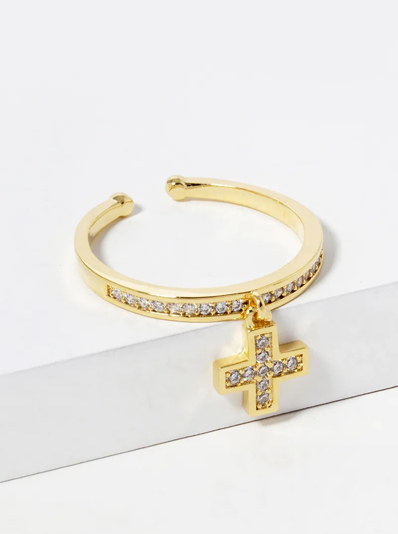 18k Gold Dipped CZ Pave Cross Drop Adjustable Ring
