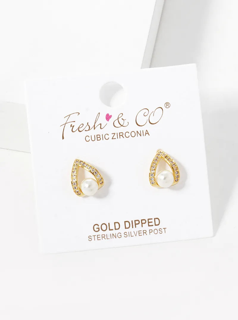 18k Gold Dipped CZ Pave Curved Teardrop Stud Earrings