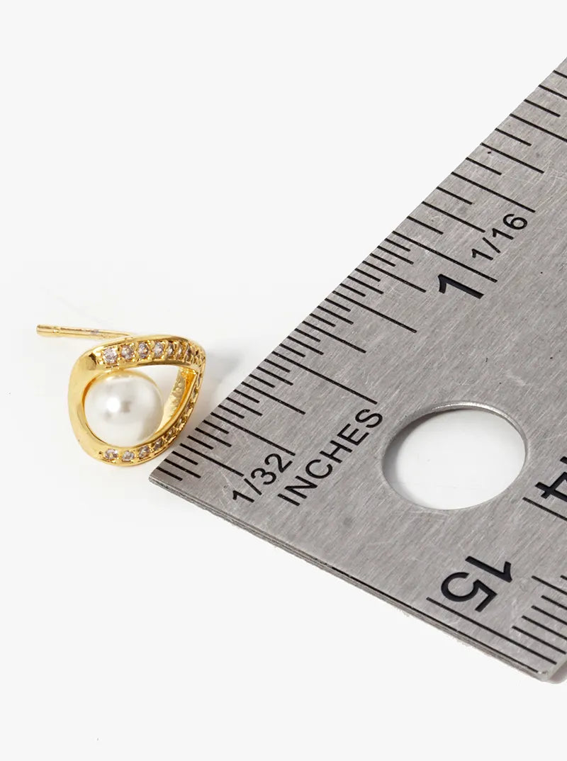 18k Gold Dipped CZ Pave Curved Teardrop Stud Earrings