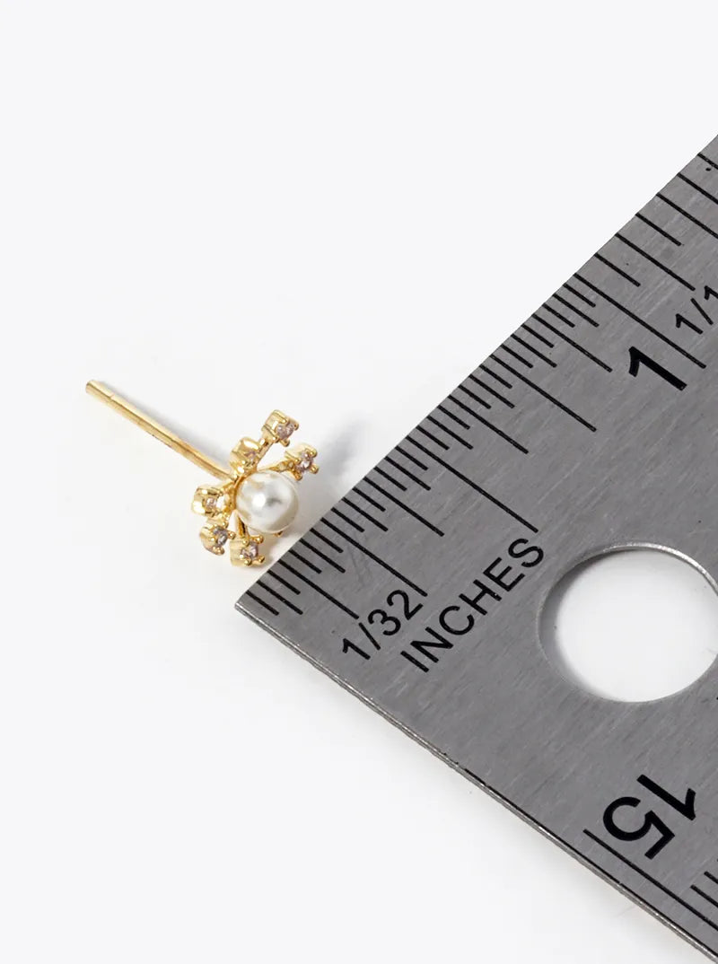 18k Gold Dipped CZ Pave Dainty Pearl Flower Stud Earrings