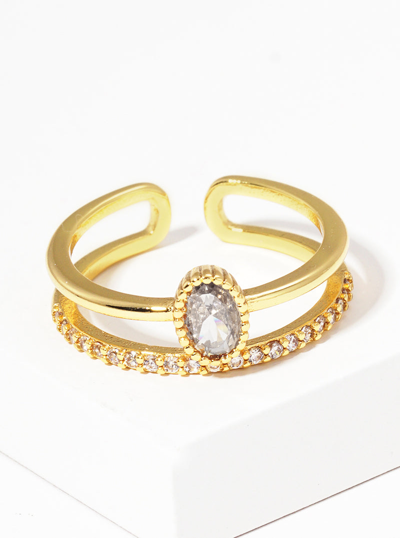 18k Gold Dipped CZ Pave Double Row Adjustable Cuff Ring