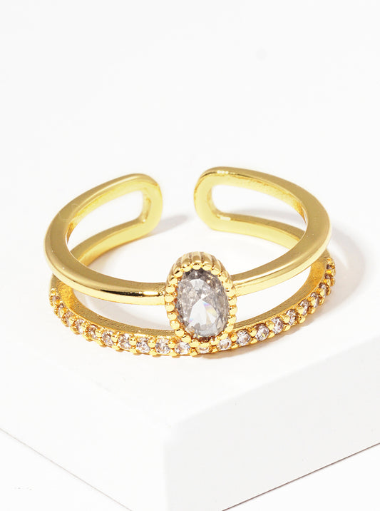 18k Gold Dipped CZ Pave Double Row Adjustable Cuff Ring