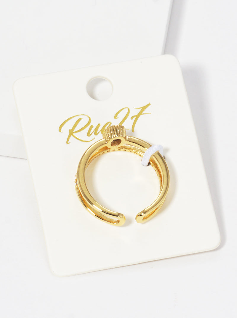 18k Gold Dipped CZ Pave Double Row Adjustable Cuff Ring