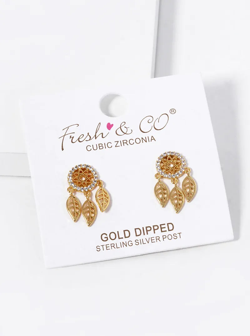 18k Gold Dipped CZ Pave Dreamcatcher Stud Earrings