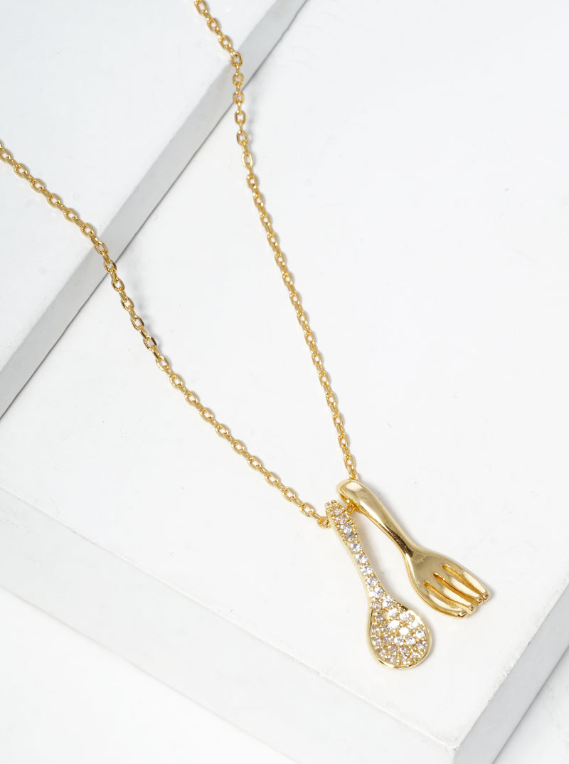 18k Gold Dipped CZ Pave Fork And Spoon Pendant Necklace