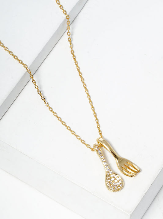 18k Gold Dipped CZ Pave Fork And Spoon Pendant Necklace