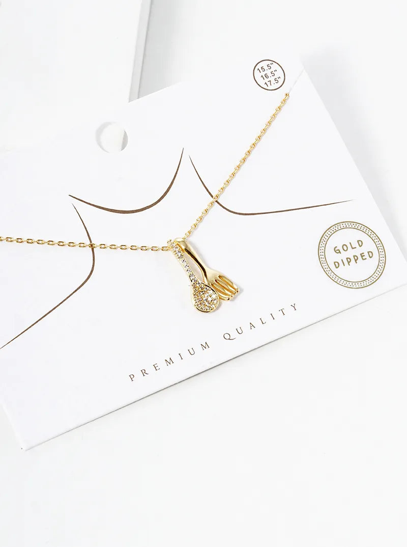 18k Gold Dipped CZ Pave Fork And Spoon Pendant Necklace