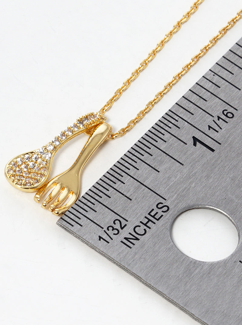 18k Gold Dipped CZ Pave Fork And Spoon Pendant Necklace