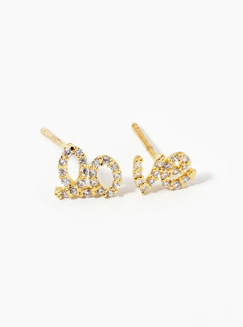 White Gold Dipped CZ Pave Italic Love Stud Earrings