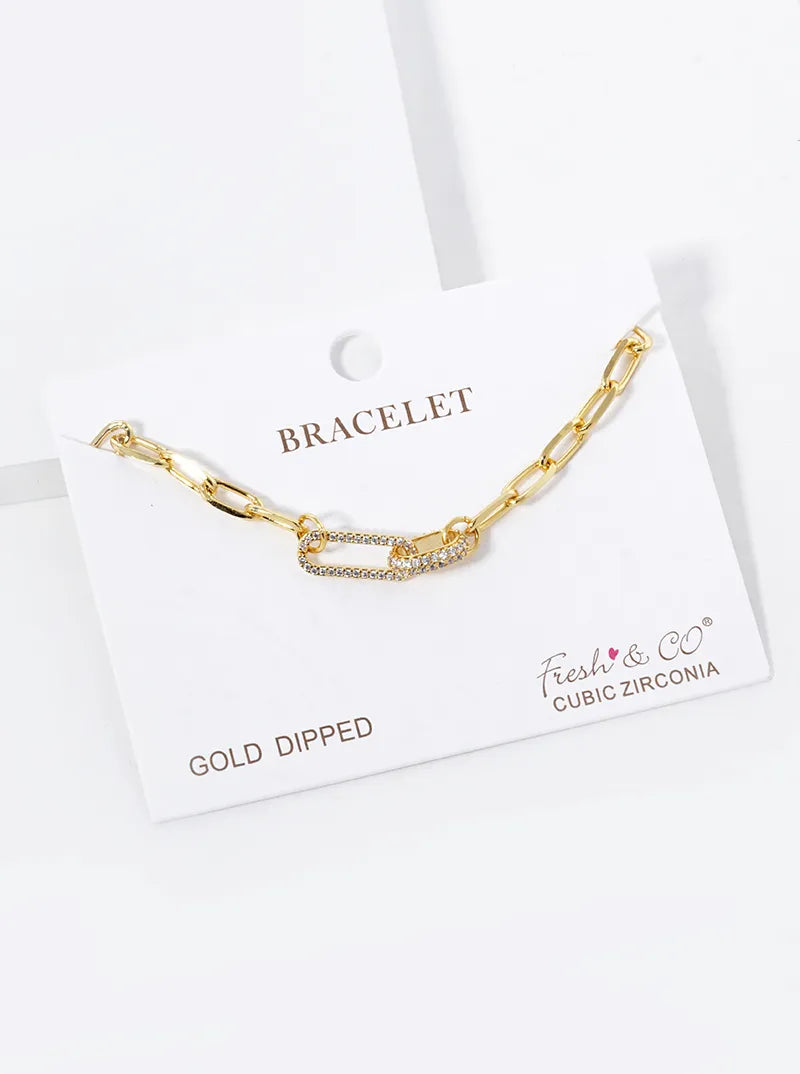 18k Gold Dipped CZ Pave Link Chain Bracelet