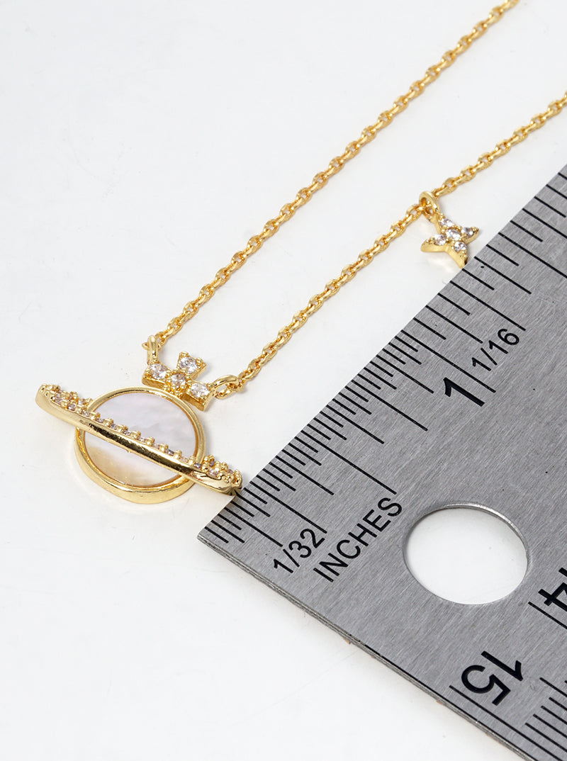 18K Gold Dipped Baguette CZ Ribbon Bow With Glass Pearl Drop Pendant Necklace