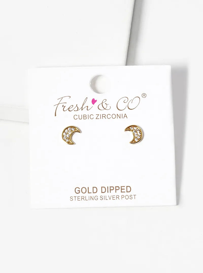18k Gold Dipped CZ Pave Moon Post Stud Earrings