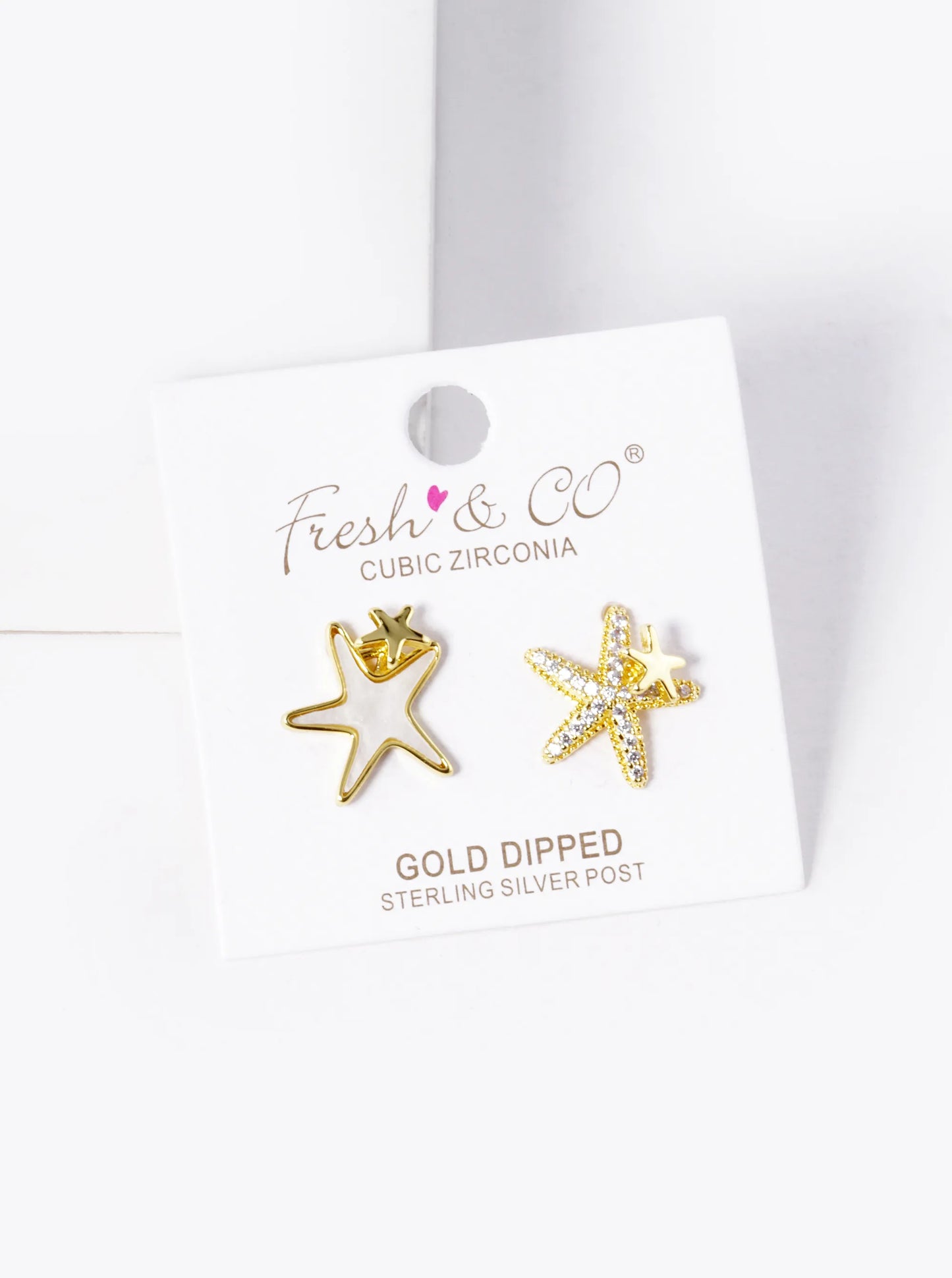 18k Gold Dipped CZ Pave Mother Of Pearl Asymmetric Brass Starfish Stud Earrings