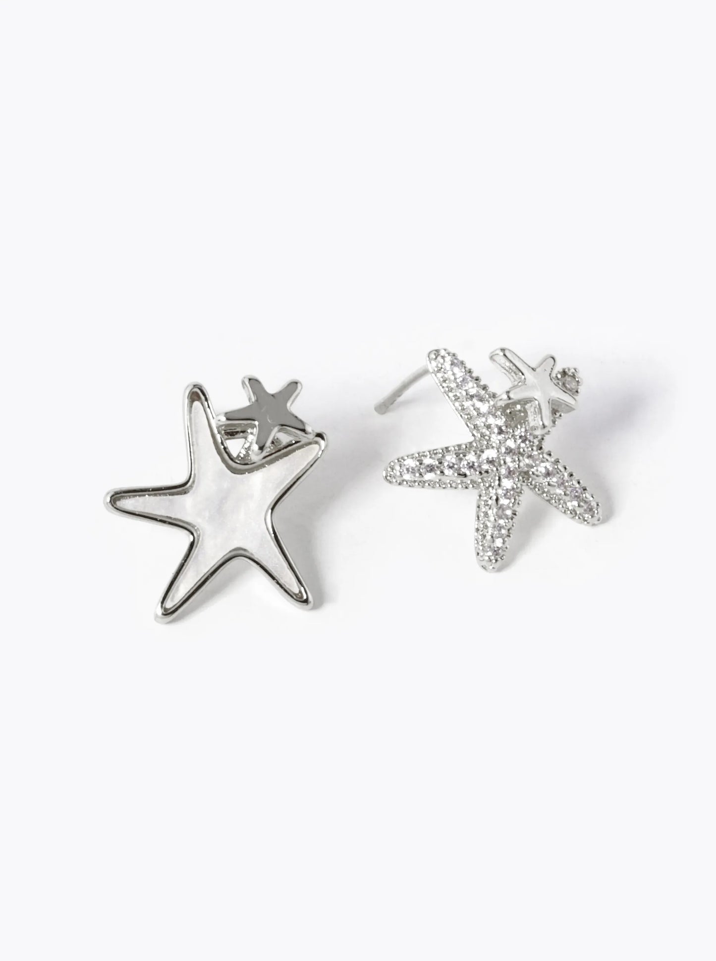 18k Gold Dipped CZ Pave Mother Of Pearl Asymmetric Brass Starfish Stud Earrings