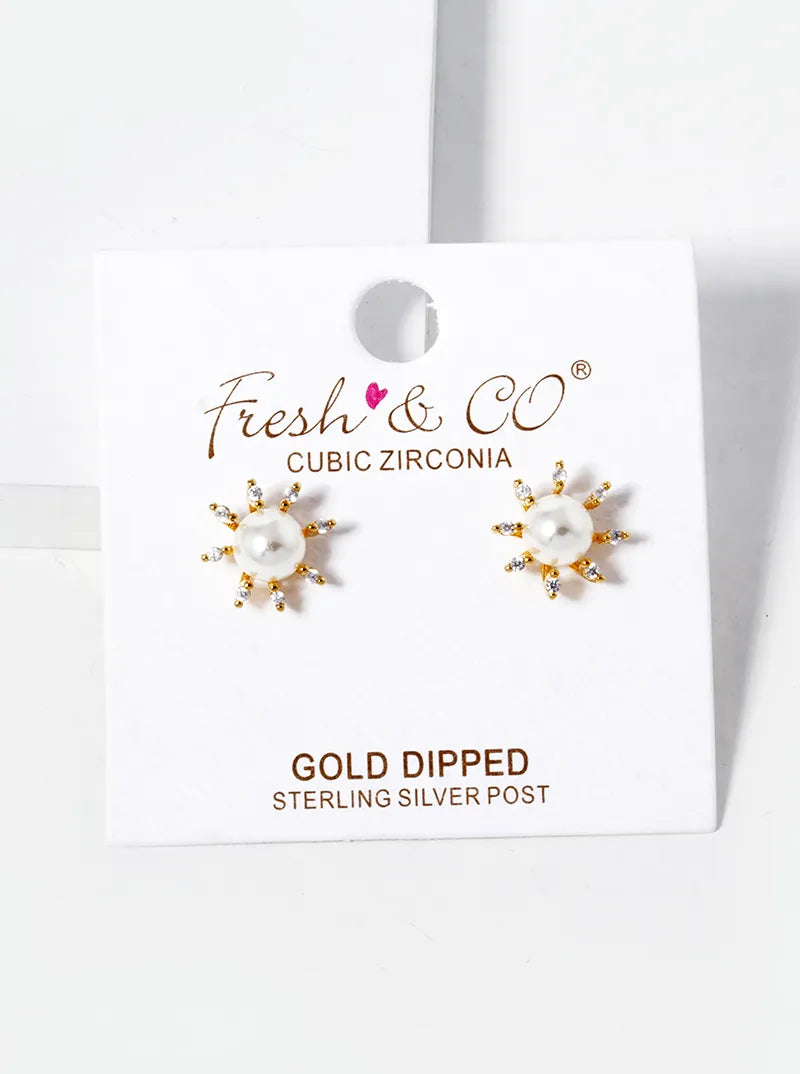 18k Gold Dipped CZ Pave Pearl Flower Stud Earrings