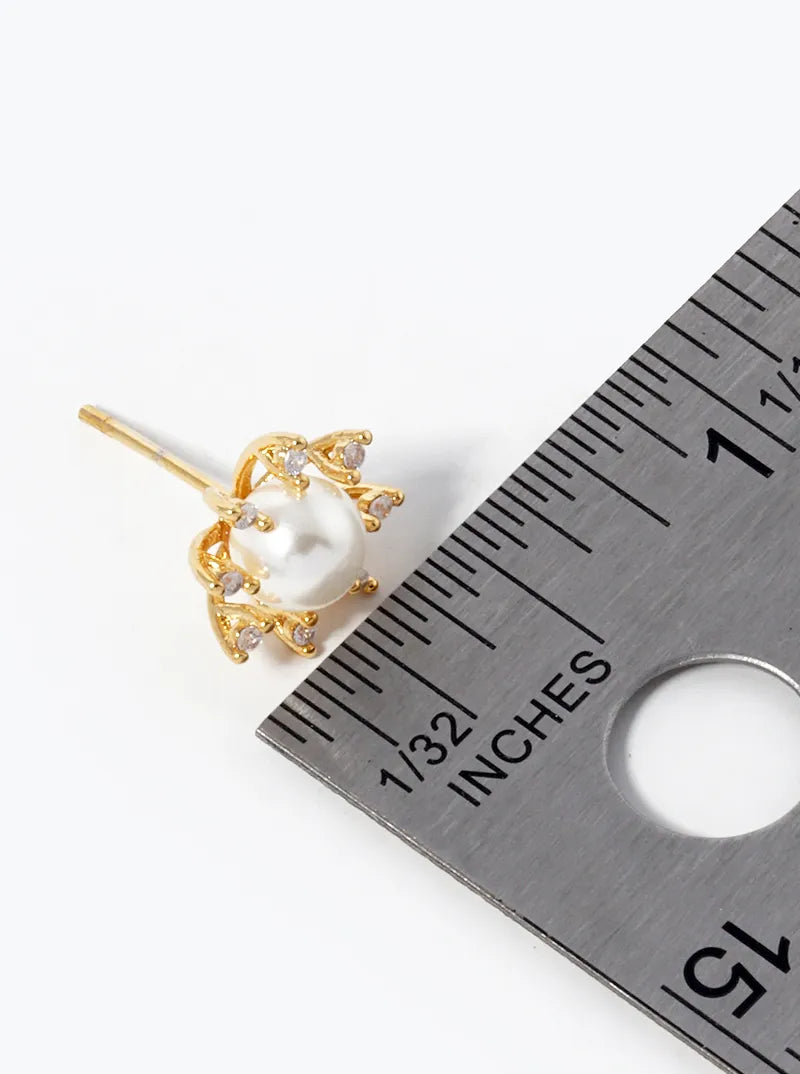18k Gold Dipped CZ Pave Pearl Flower Stud Earrings