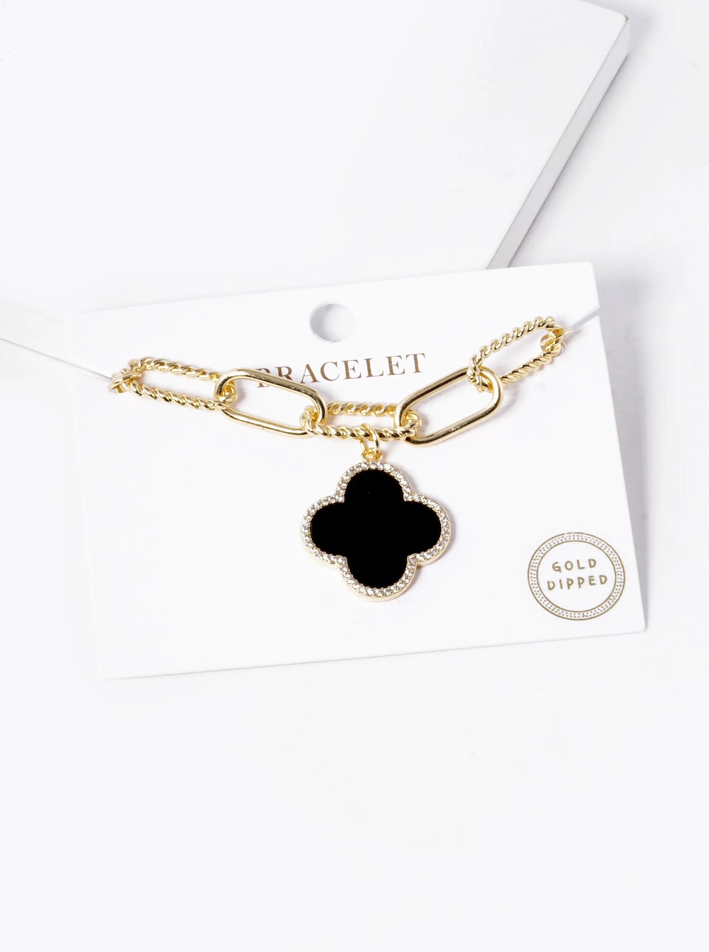 18k Gold Dipped CZ Pave Quatrefoil Charm Chain Bracelet