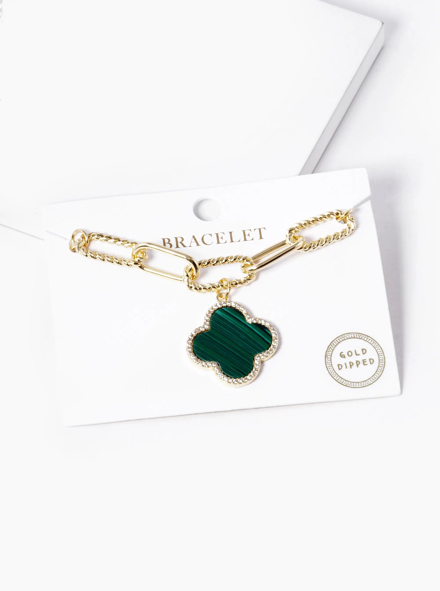 18k Gold Dipped CZ Pave Quatrefoil Charm Chain Bracelet
