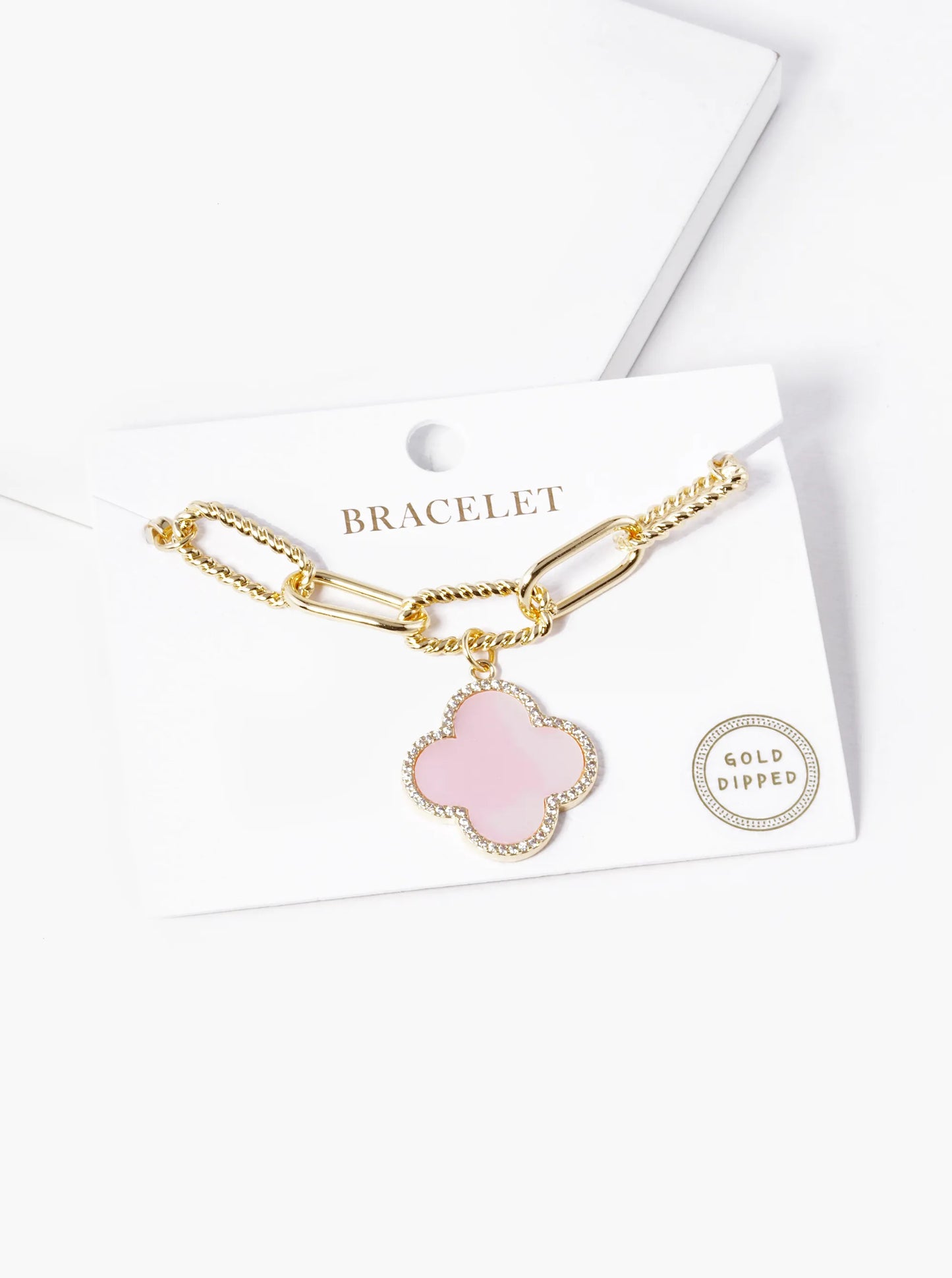 18k Gold Dipped CZ Pave Quatrefoil Charm Chain Bracelet