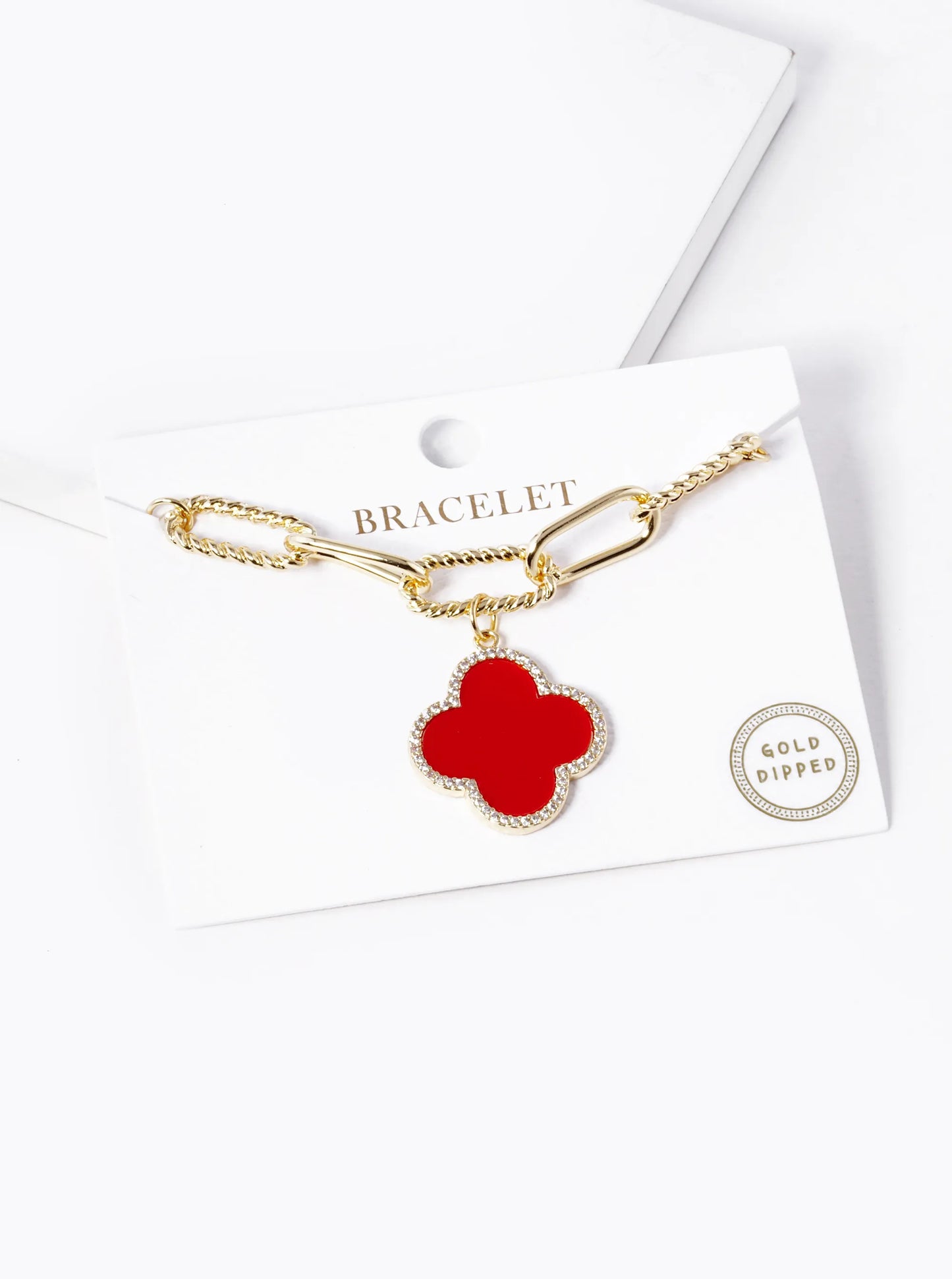 18k Gold Dipped CZ Pave Quatrefoil Charm Chain Bracelet