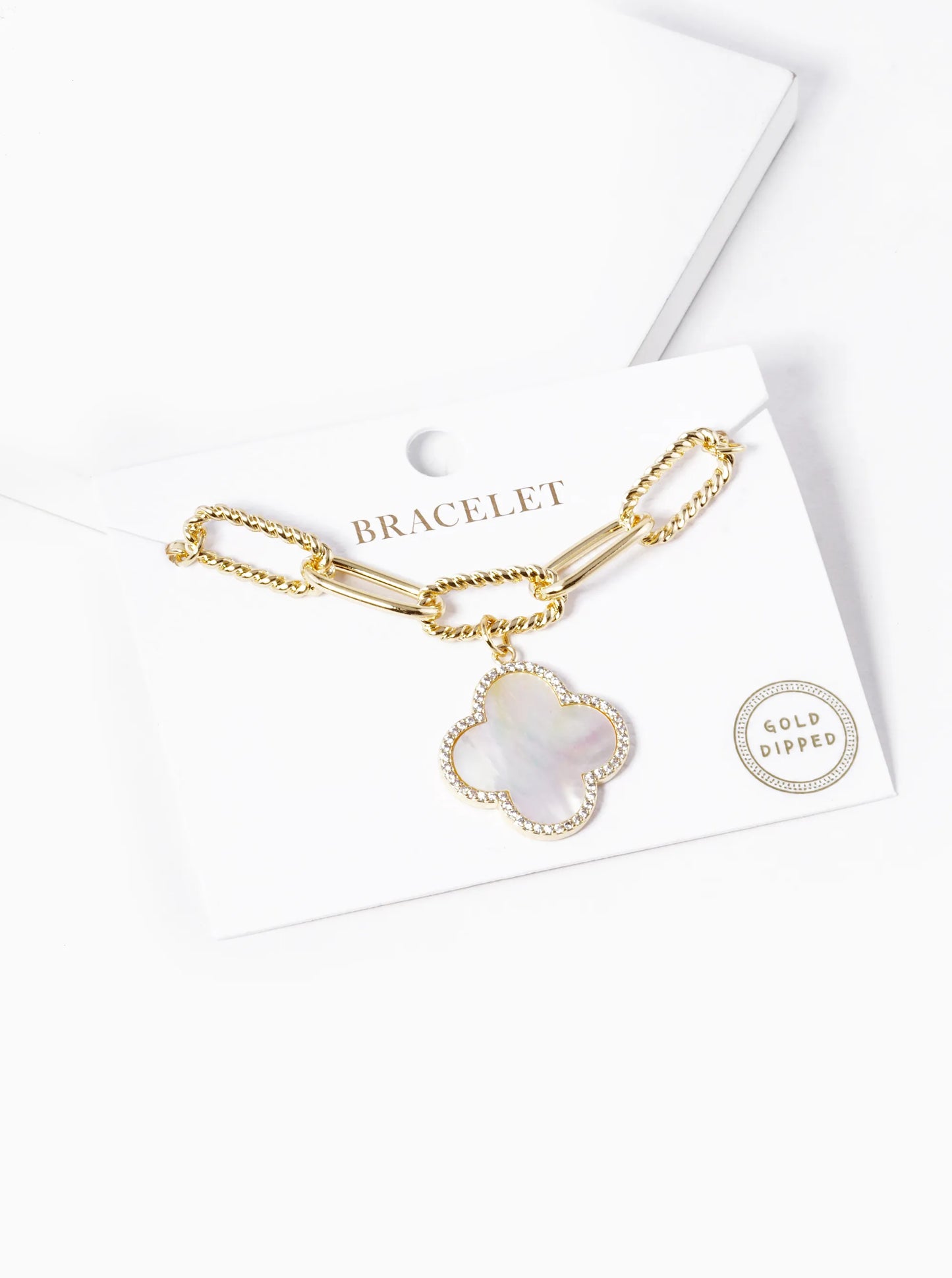 18k Gold Dipped CZ Pave Quatrefoil Charm Chain Bracelet