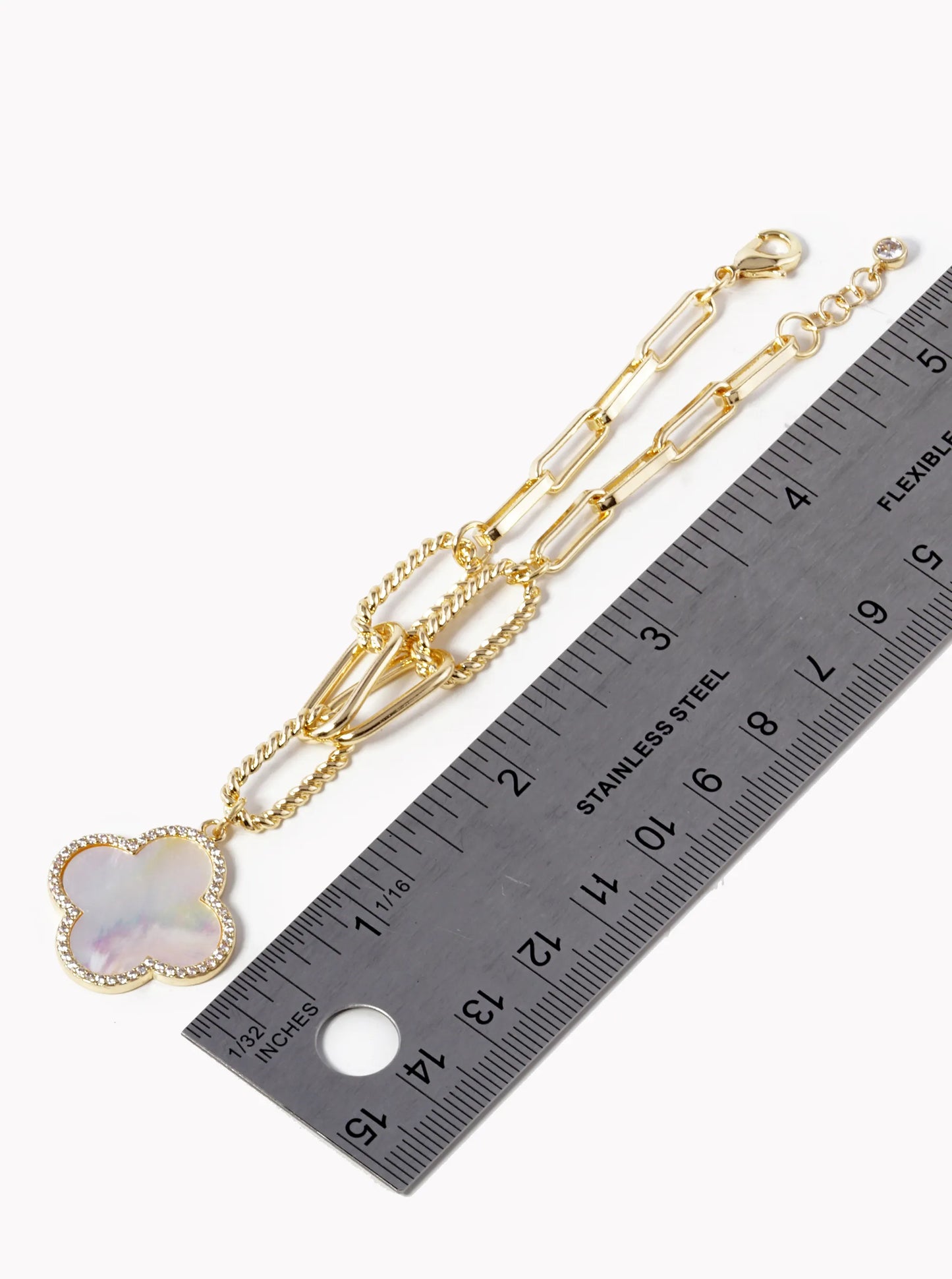 18k Gold Dipped CZ Pave Quatrefoil Charm Chain Bracelet