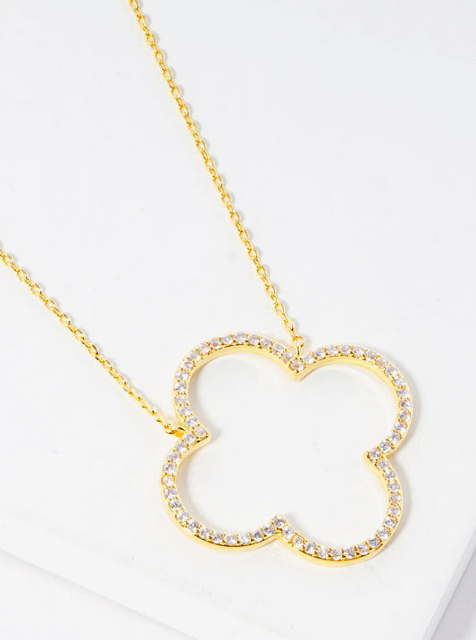 18k Gold Dipped CZ Pave Quatrefoil Pendant Delicate Necklace