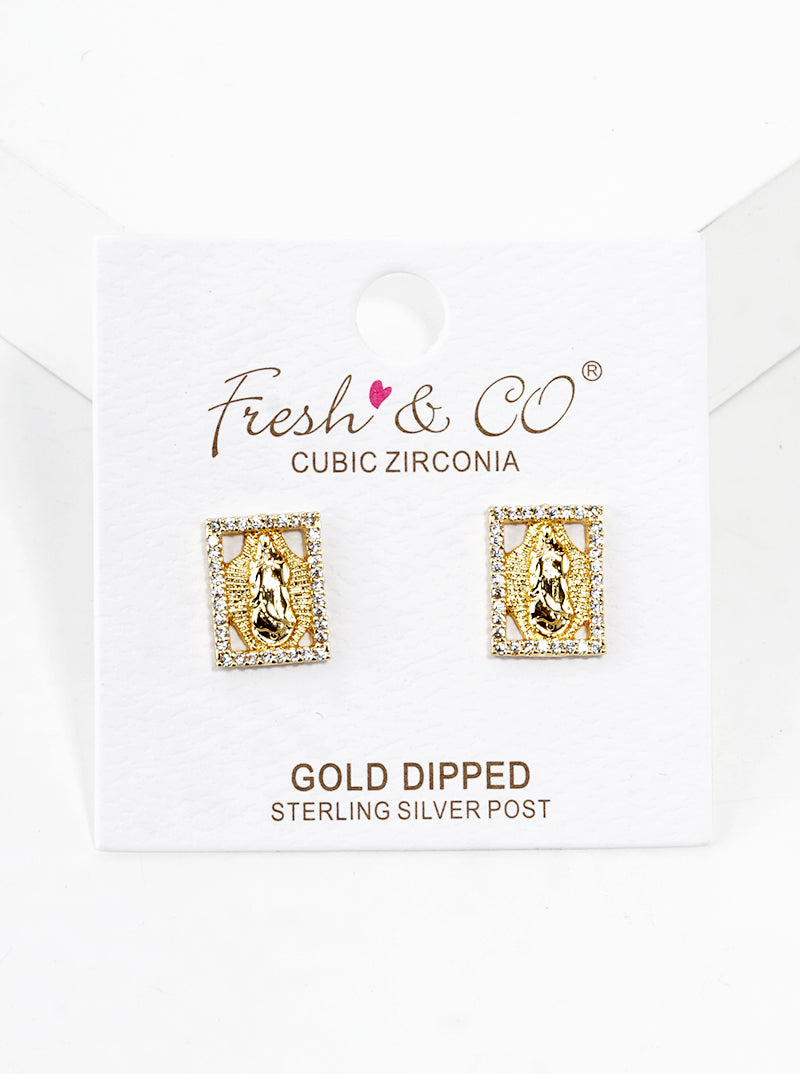 18k Gold Dipped CZ Pave Rectangle Virgin Mary Post Stud Earrings