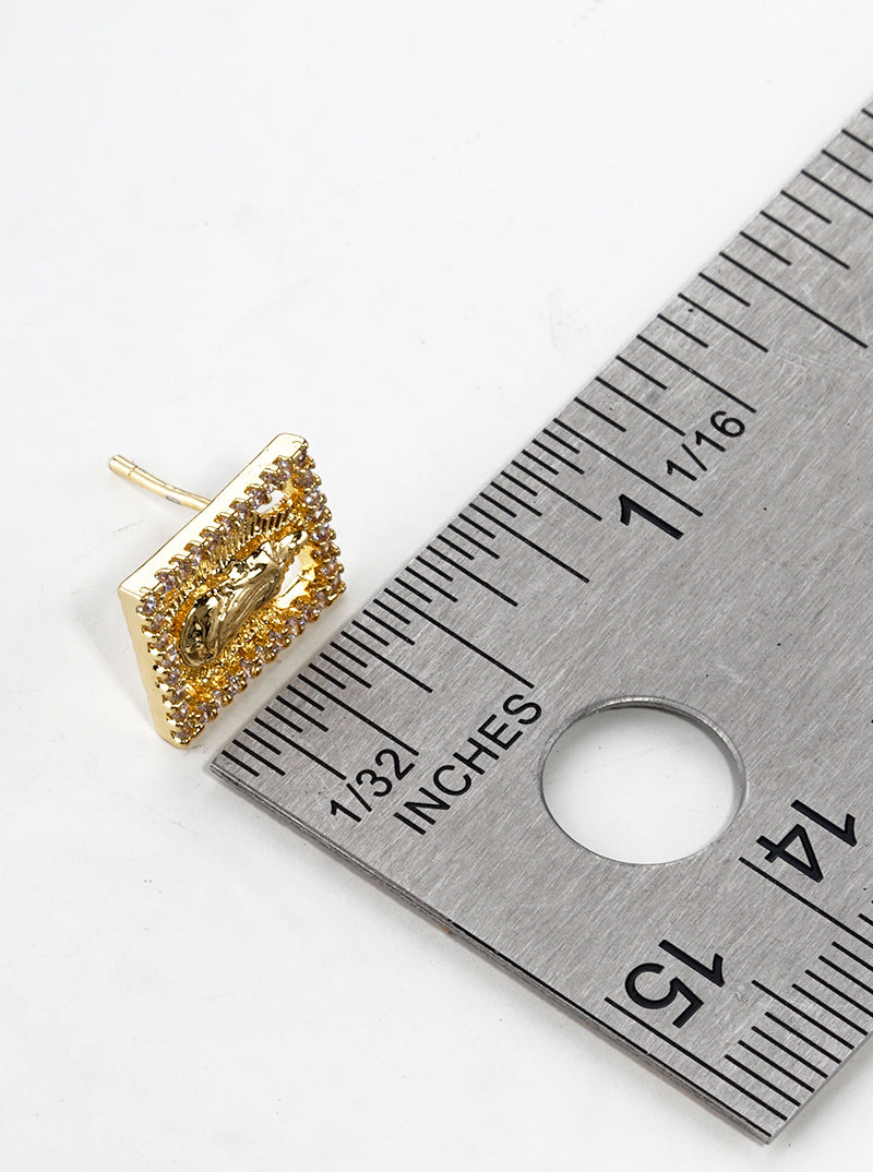 18k Gold Dipped CZ Pave Rectangle Virgin Mary Post Stud Earrings