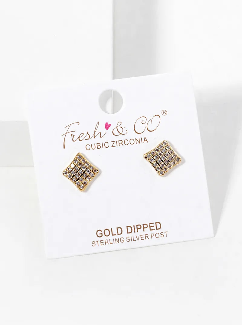 18k Gold Dipped CZ Pave Rhombus Shape Stud Earrings