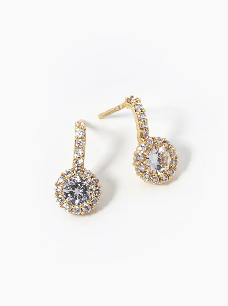 18k Gold Dipped CZ Pave Round Drop Stud Earrings