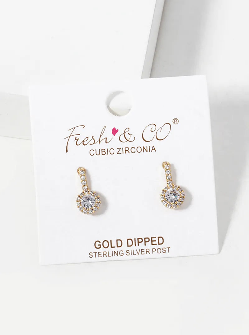 18k Gold Dipped CZ Pave Round Drop Stud Earrings