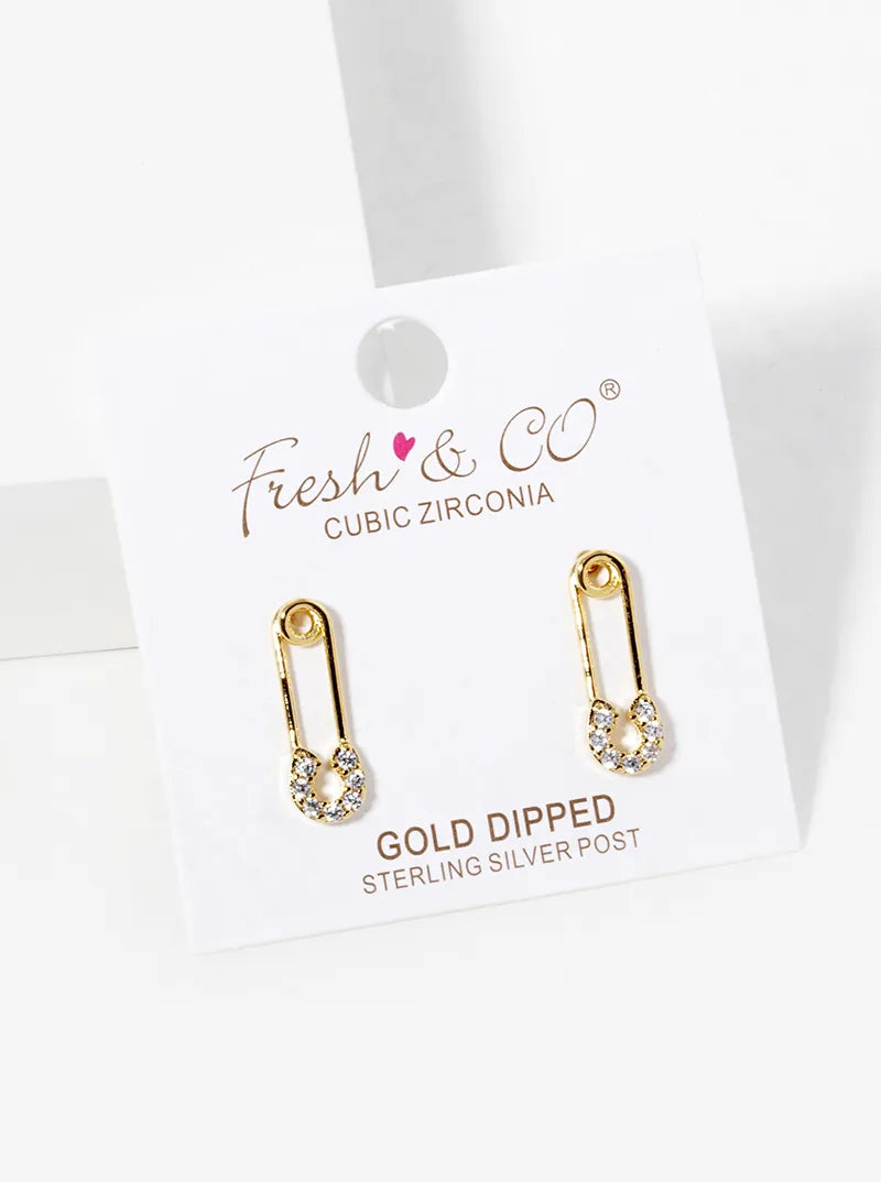 18k Gold Dipped CZ Pave Safety Pin Stud Earrings