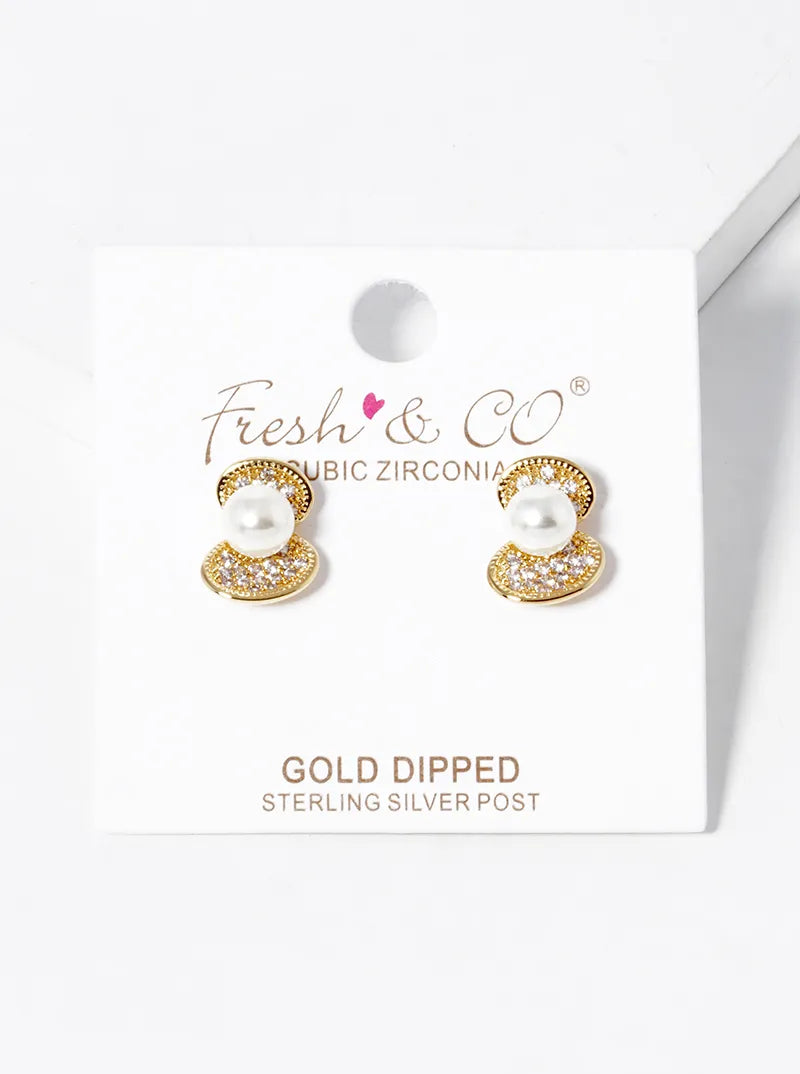 18k Gold Dipped CZ Pave Shell With Pearls Stud Earrings