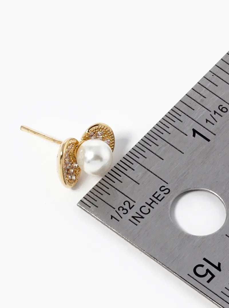 18k Gold Dipped CZ Pave Shell With Pearls Stud Earrings